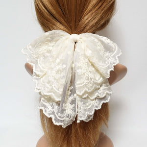 veryshine.com Barrettes & Clips Cream white floral lace drape bow translucent mesh bow hair accessory for woman