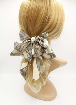 veryshine.com Barrettes & Clips Mocca beige satin print hair bow tassel strap print scarf tail hair bow for women