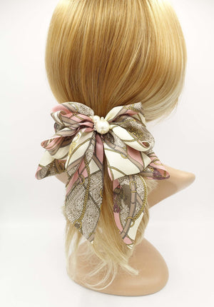 veryshine.com Barrettes & Clips Pink satin print hair bow tassel strap print scarf tail hair bow for women