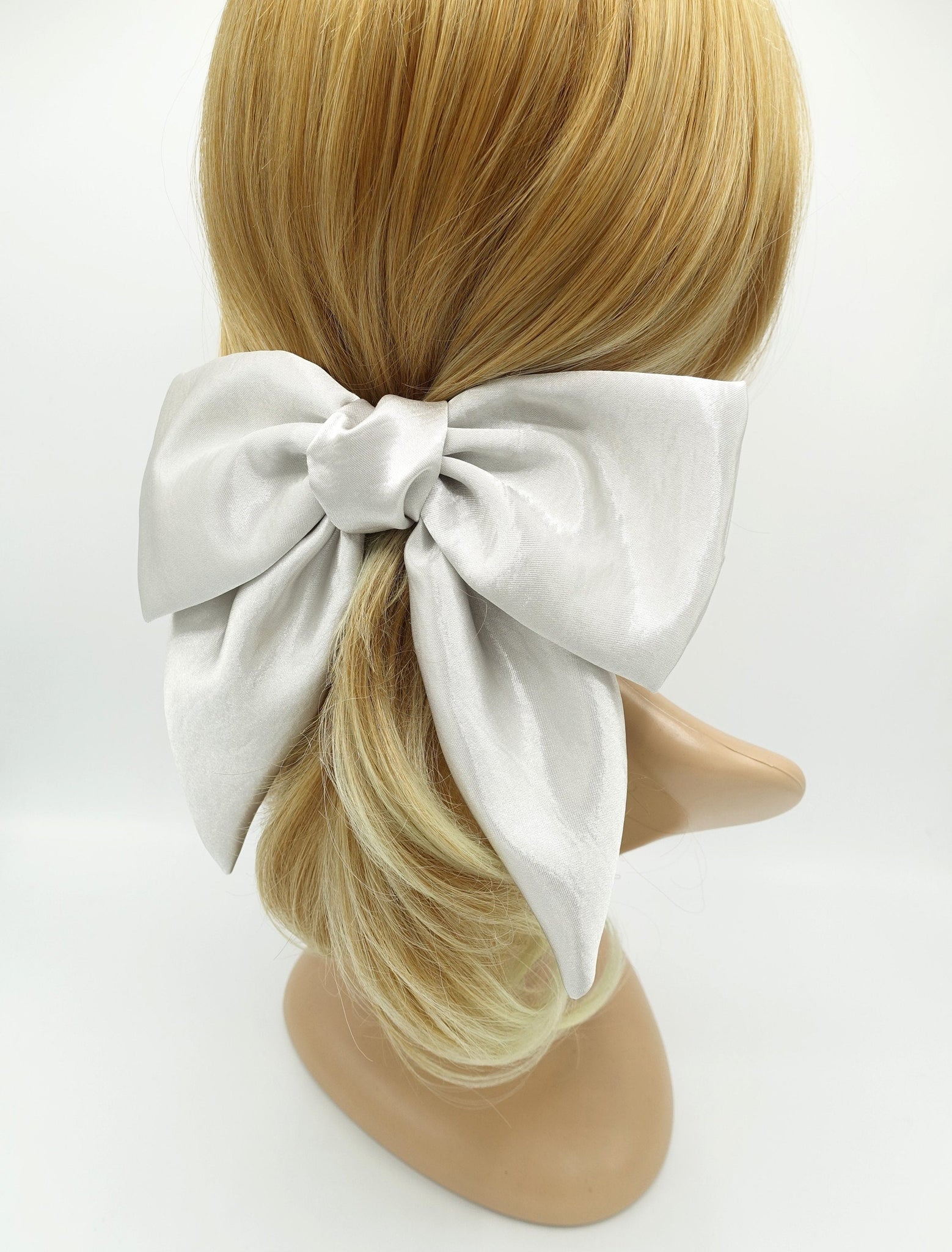 veryshine.com Barrettes & Clips Silver white big satin hair bow pointed tail glossy hair accessory for women
