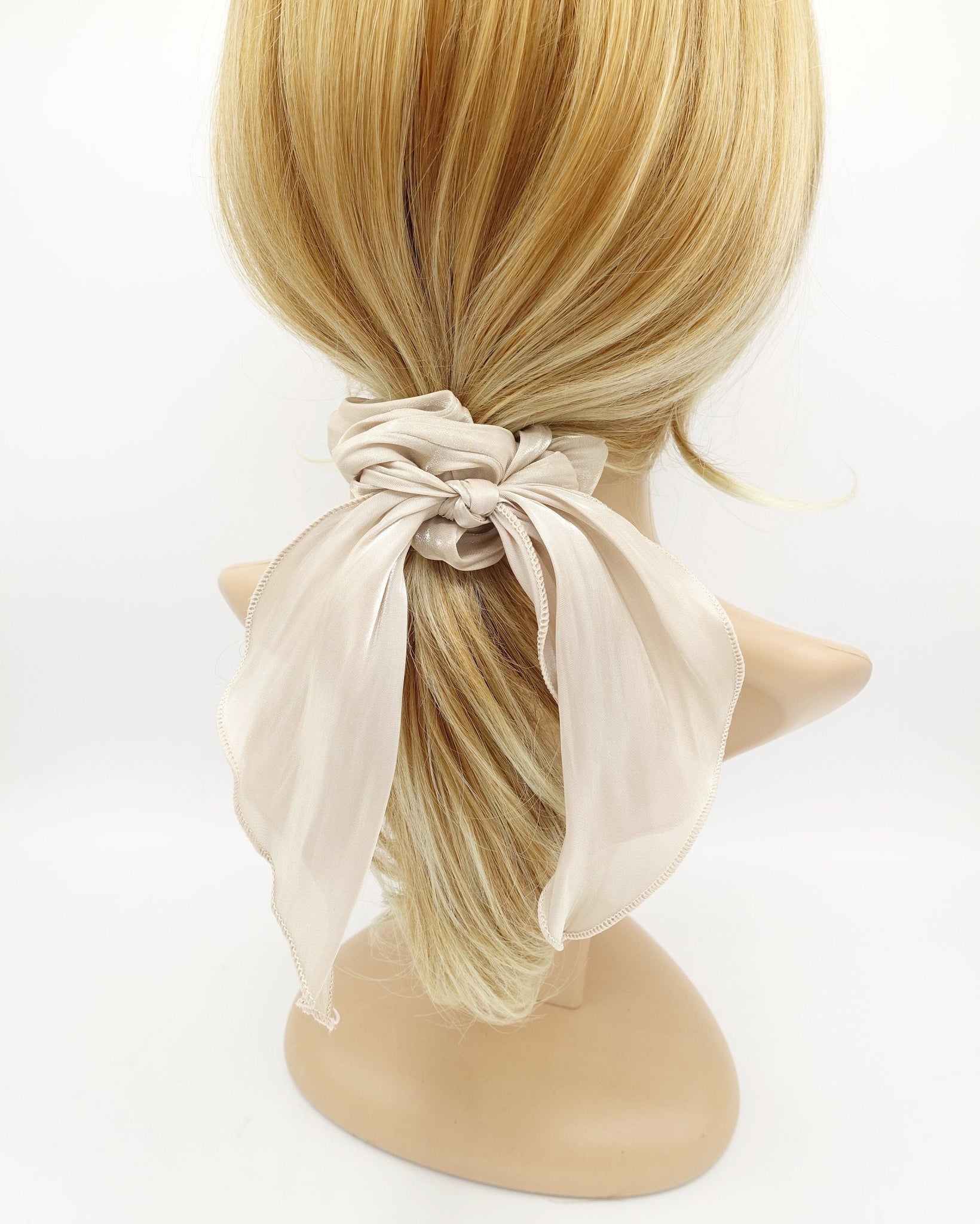veryshine.com Beige glossy organza knotted scrunchies tailed hair elastic tie women hair accessory