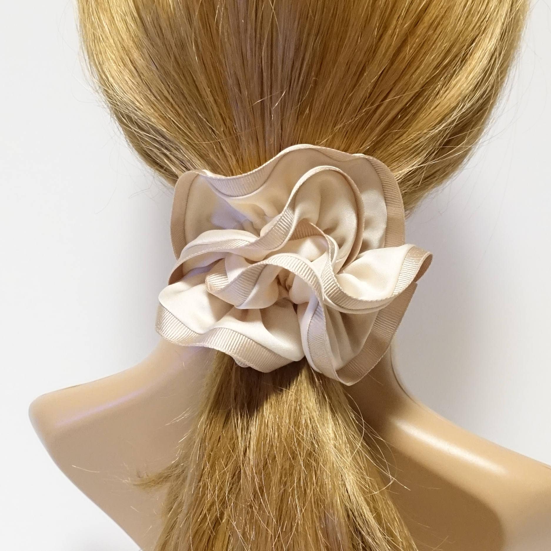 veryshine.com Beige Grosgrain Trim Satin Hair Scrunchies Hair Elastics for Woman