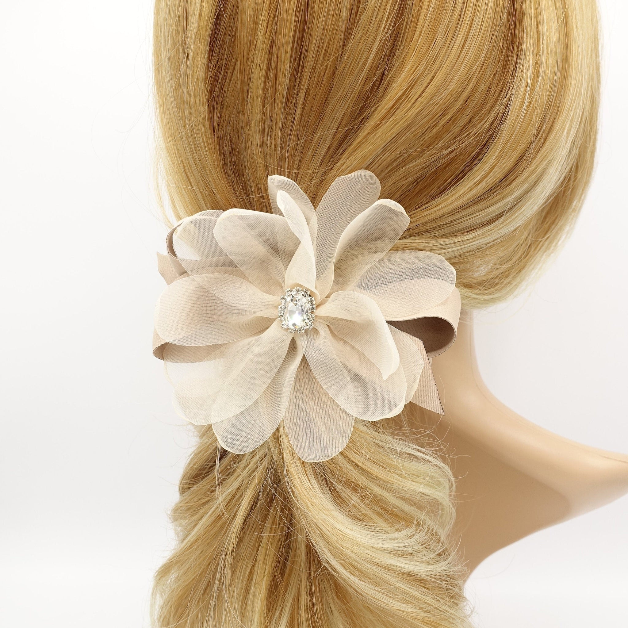 veryshine.com Beige organza petal flower hair barrette rhinestone embellished hair bow women accessory