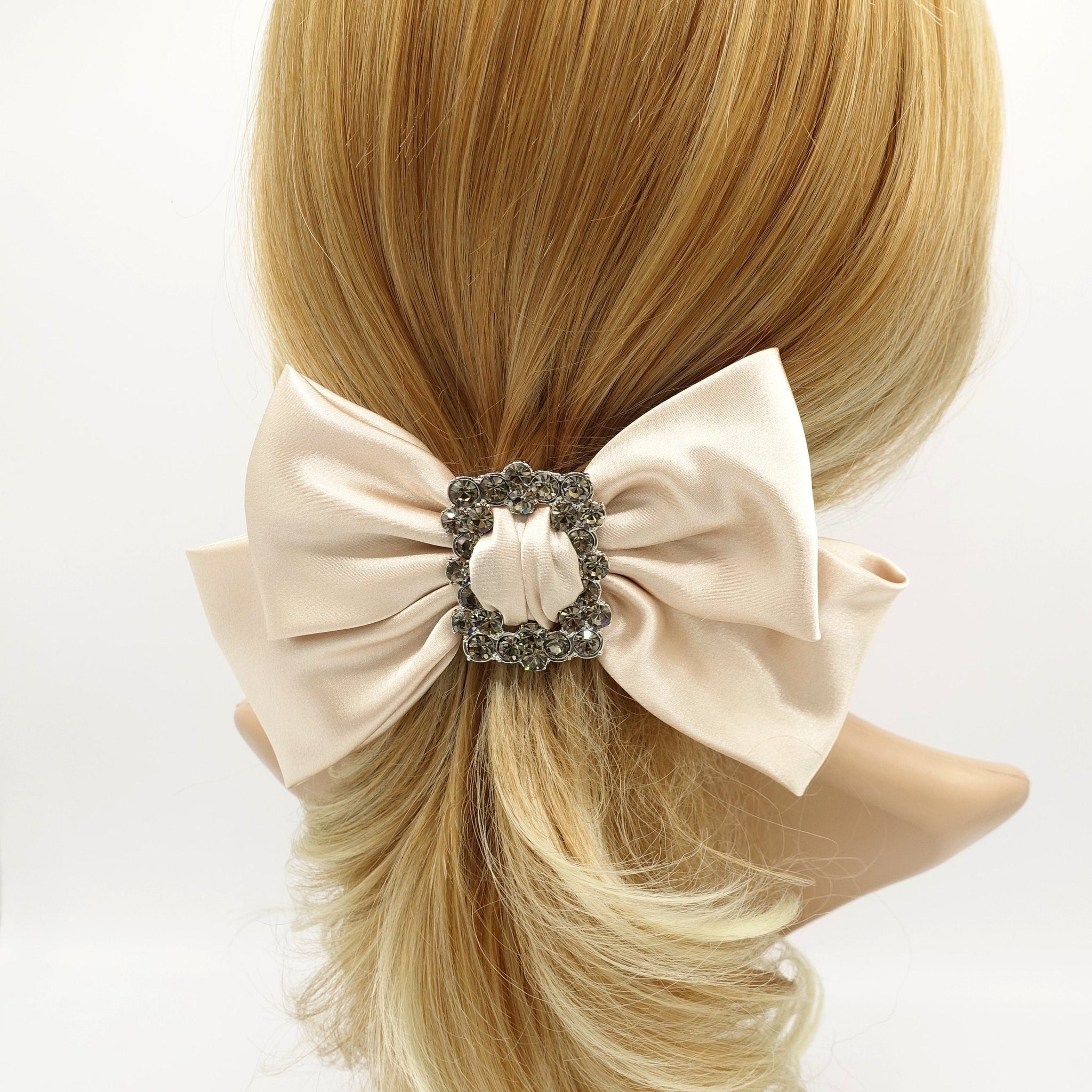 veryshine.com Beige rhinestone buckle embellished satin hair bow