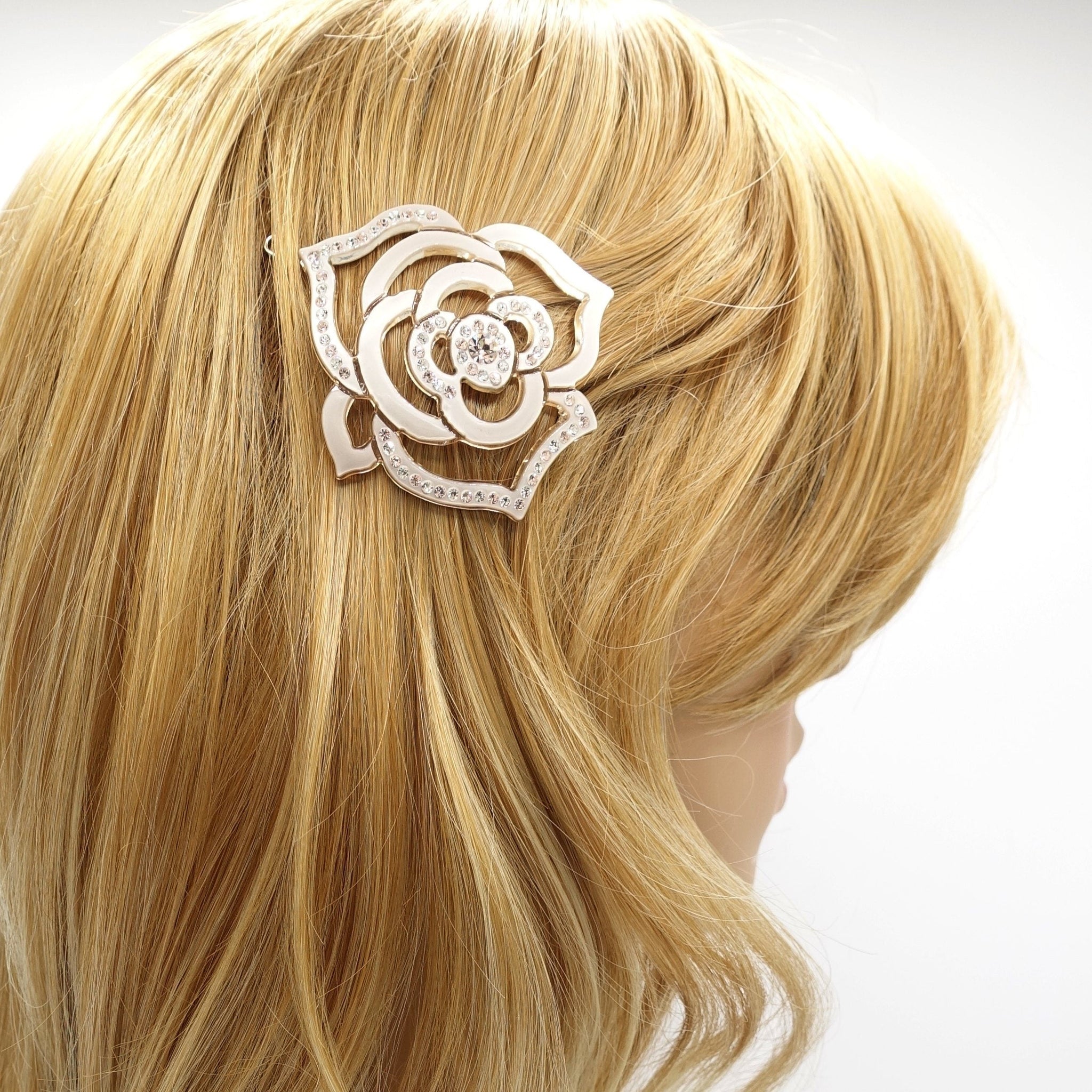 veryshine.com Beige rhinestone embellished camellia flower cellulose hair clip women hair accessory