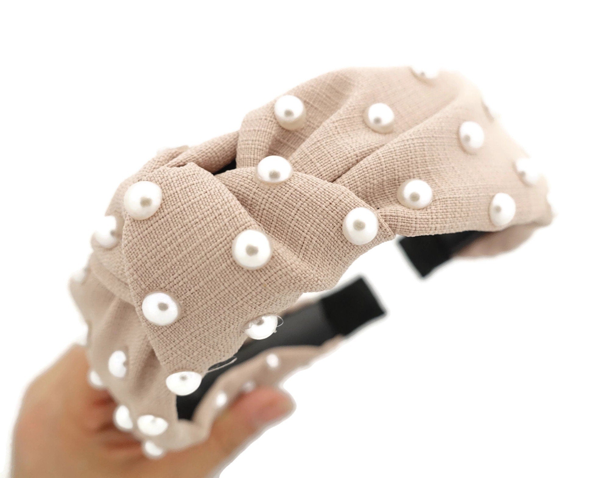 veryshine.com Beige thin fabric front knot pearl decorated fashion headband stylish trendy hairband accessories for women