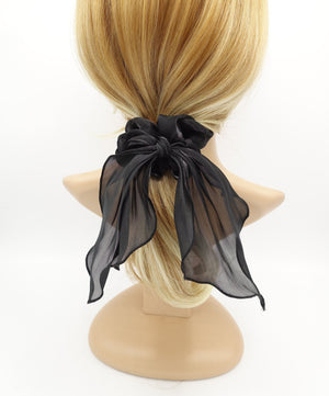 veryshine.com Black glossy organza knotted scrunchies tailed hair elastic tie women hair accessory