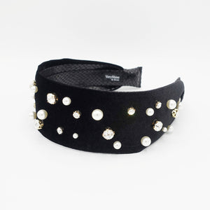 veryshine.com Black pearl rhinestone flat velvet headband embellished hairband for women