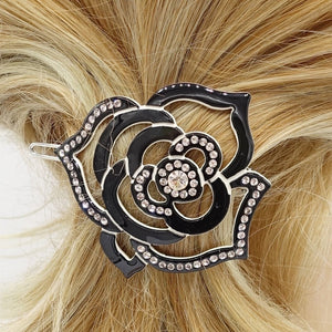veryshine.com Black rhinestone embellished camellia flower cellulose hair clip women hair accessory