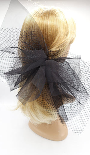 veryshine.com Bridal acc. Black large tulle bow hair clip, mesh net cosplay bow clip, hair accessory for events
