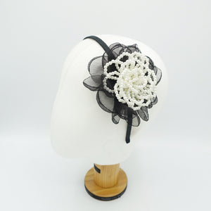 veryshine.com Bridal acc. Black pearl embellished flower headband organza petal pistil hair accessory for women