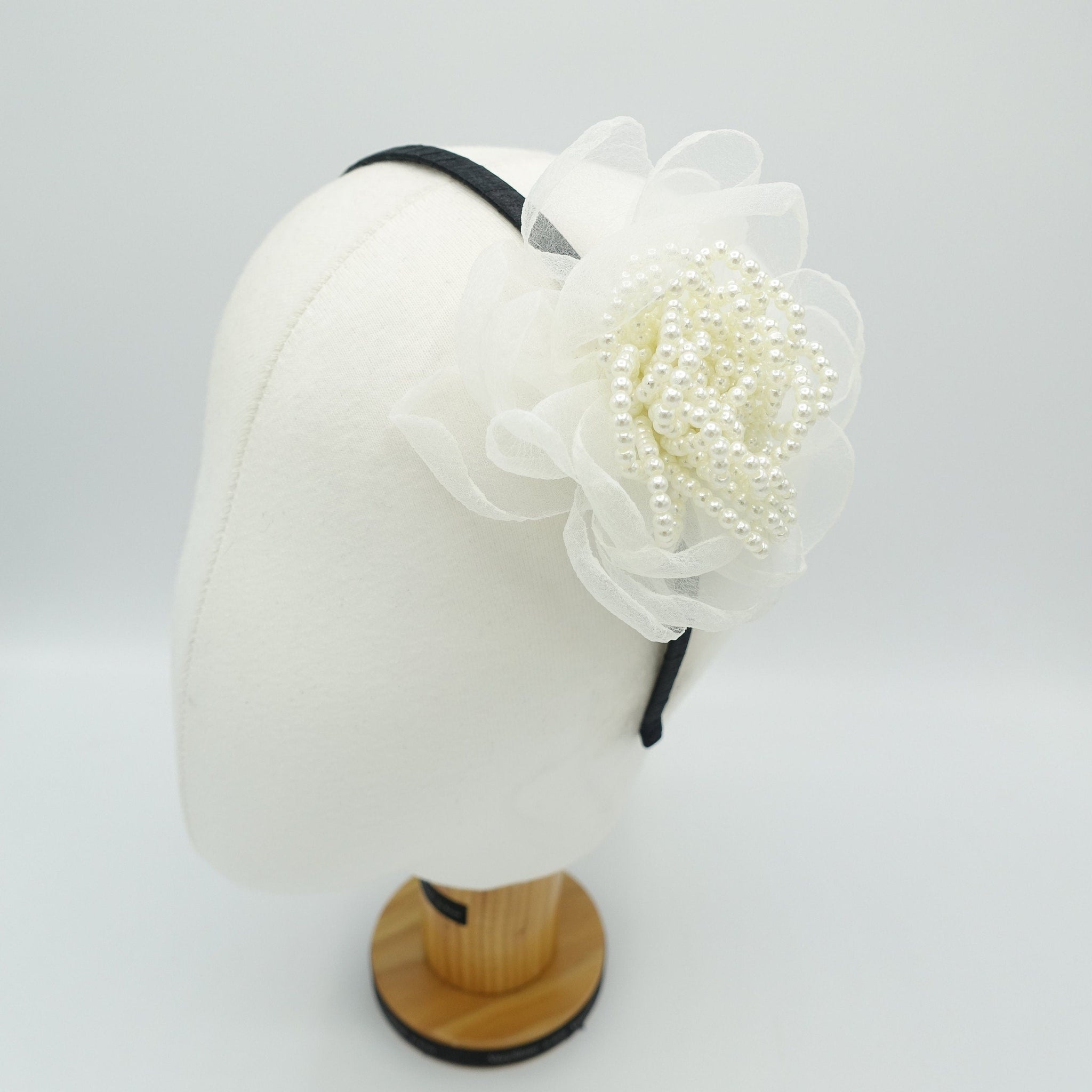 veryshine.com Bridal acc. Cream white pearl embellished flower headband organza petal pistil hair accessory for women