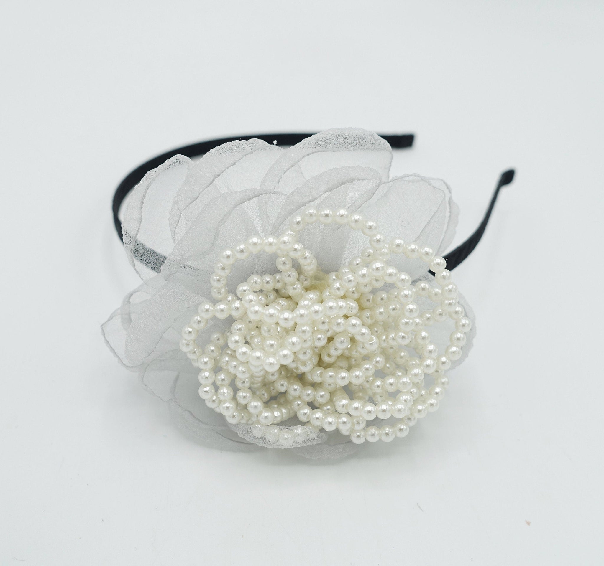 veryshine.com Bridal acc. Gray pearl embellished flower headband organza petal pistil hair accessory for women