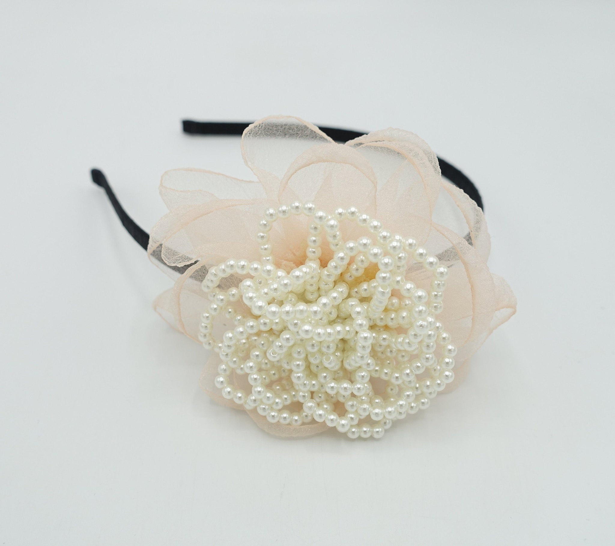 veryshine.com Bridal acc. Peach pink pearl embellished flower headband organza petal pistil hair accessory for women