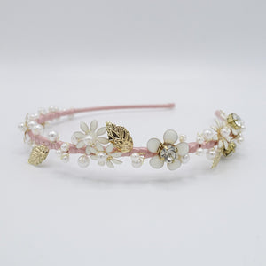 veryshine.com Bridal acc. Pink flower bridal headband  metal petal pearl embellished hairband for women
