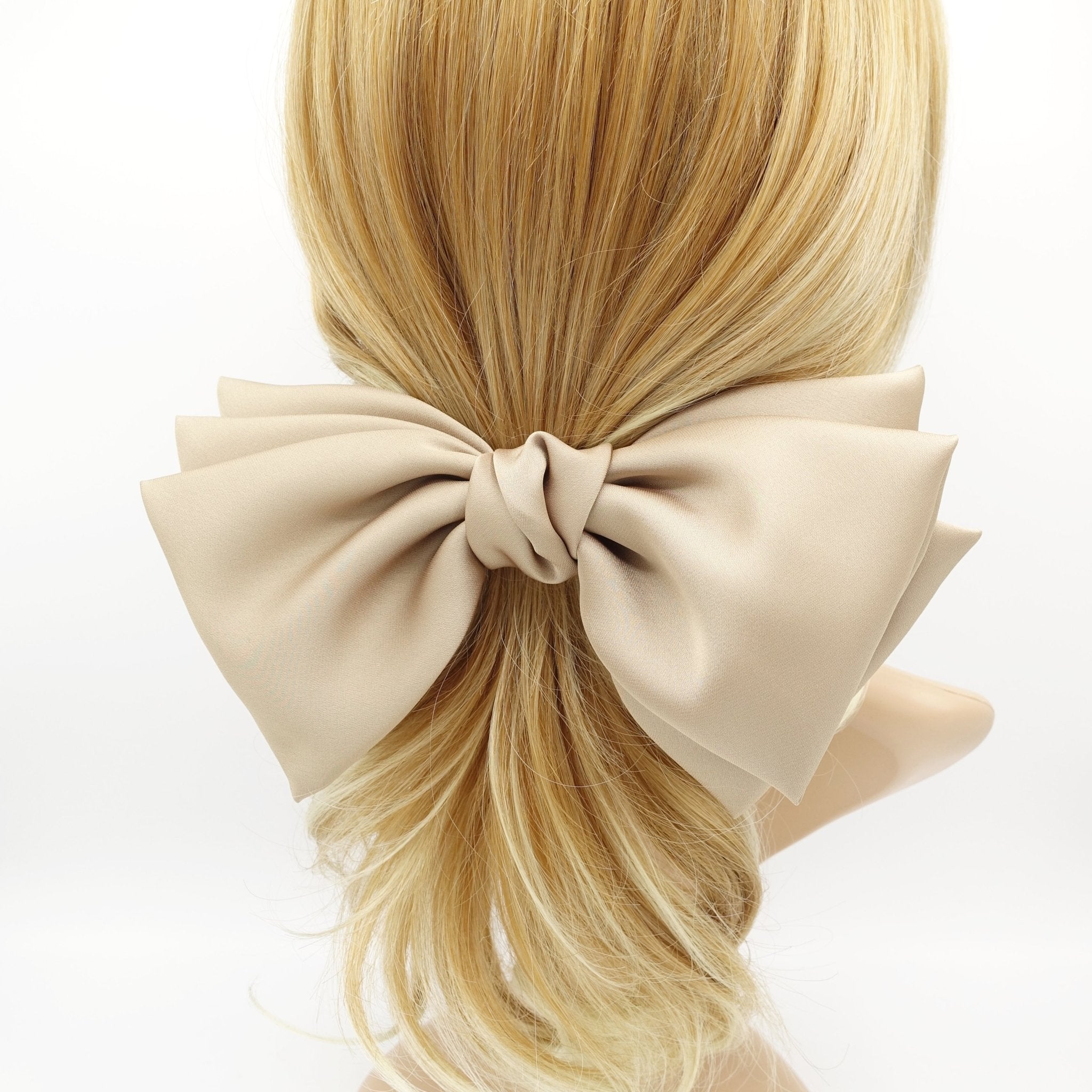 veryshine.com claw/banana/barrette Beige big triple wing hair bow satin double layered bow stylish women hair accessory
