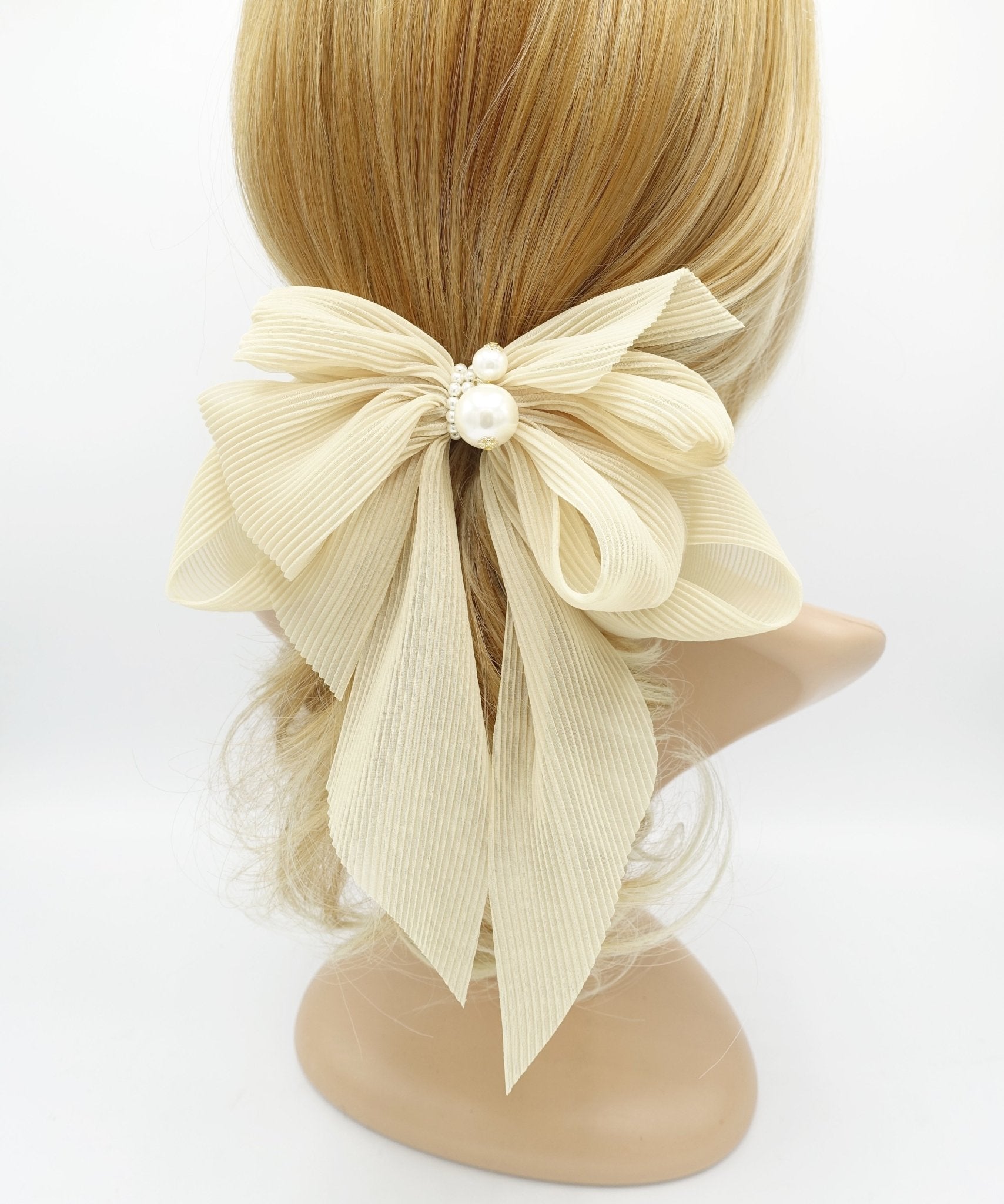 veryshine.com claw/banana/barrette Beige pleated chiffon hair bow pearl embellished long tail french barrette women hair accessory