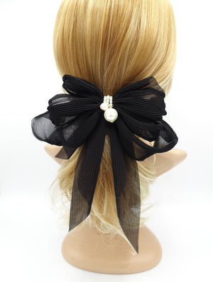 veryshine.com claw/banana/barrette Black pleated chiffon hair bow pearl embellished long tail french barrette women hair accessory