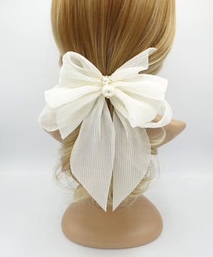 veryshine.com claw/banana/barrette Cream white pleated chiffon hair bow pearl embellished long tail french barrette women hair accessory