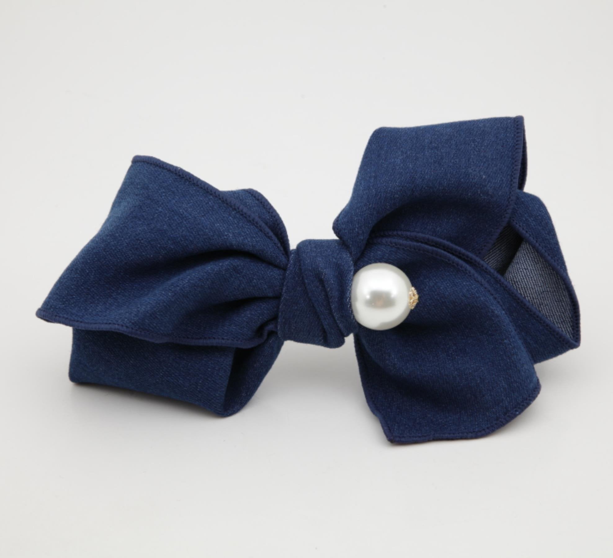 veryshine.com claw/banana/barrette Dark Blue Handmade Cotton Denim Bow Big Sleek Pearl Ball Bow French Hair Barrettes