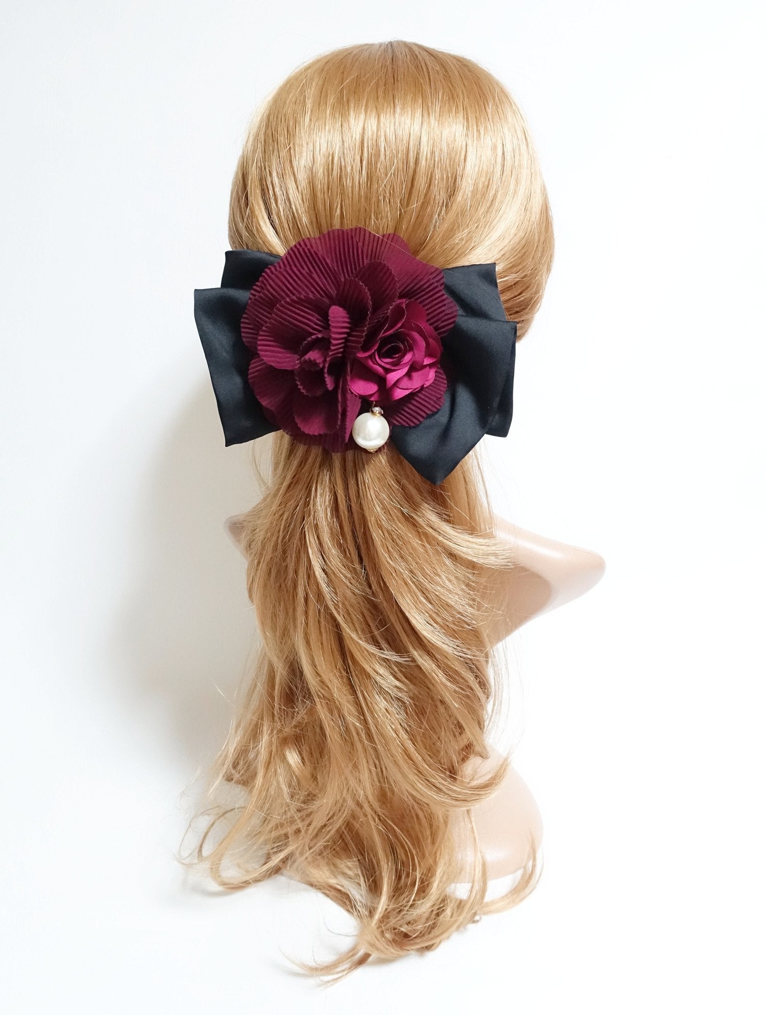 veryshine.com claw/banana/barrette Handmade Chiffon Pleated Flower Black Bow French Hair Barrettes