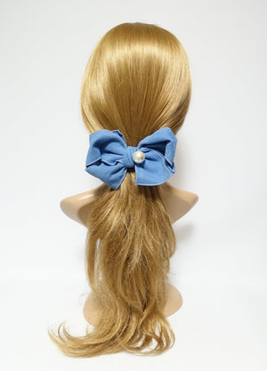 veryshine.com claw/banana/barrette Handmade Cotton Denim Bow Big Sleek Pearl Ball Bow French Hair Barrettes