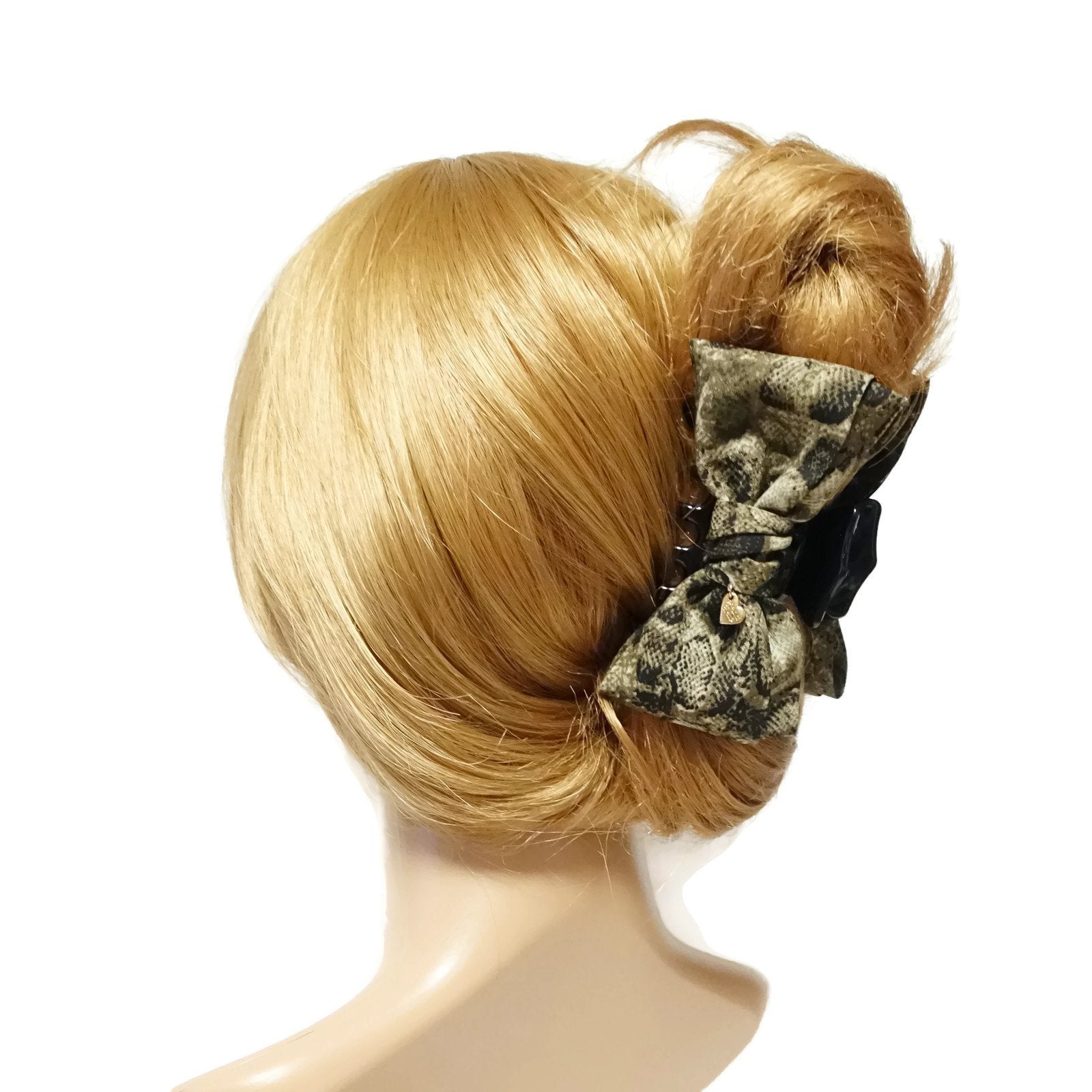 veryshine.com claw/banana/barrette Khaki Handmade bow python print ...