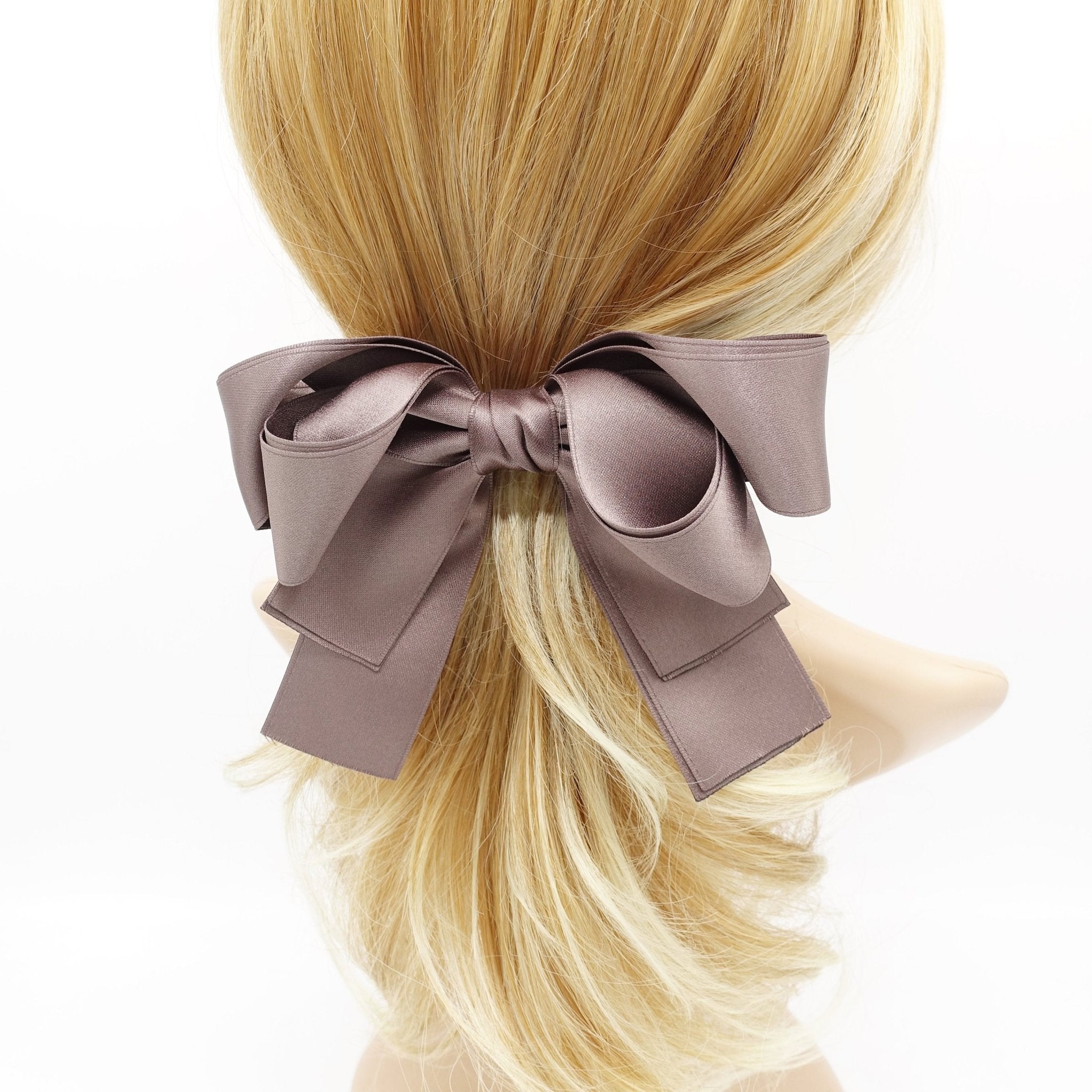 veryshine.com claw/banana/barrette Mocha brown double layered satin hair bow basic style hair accessory for women