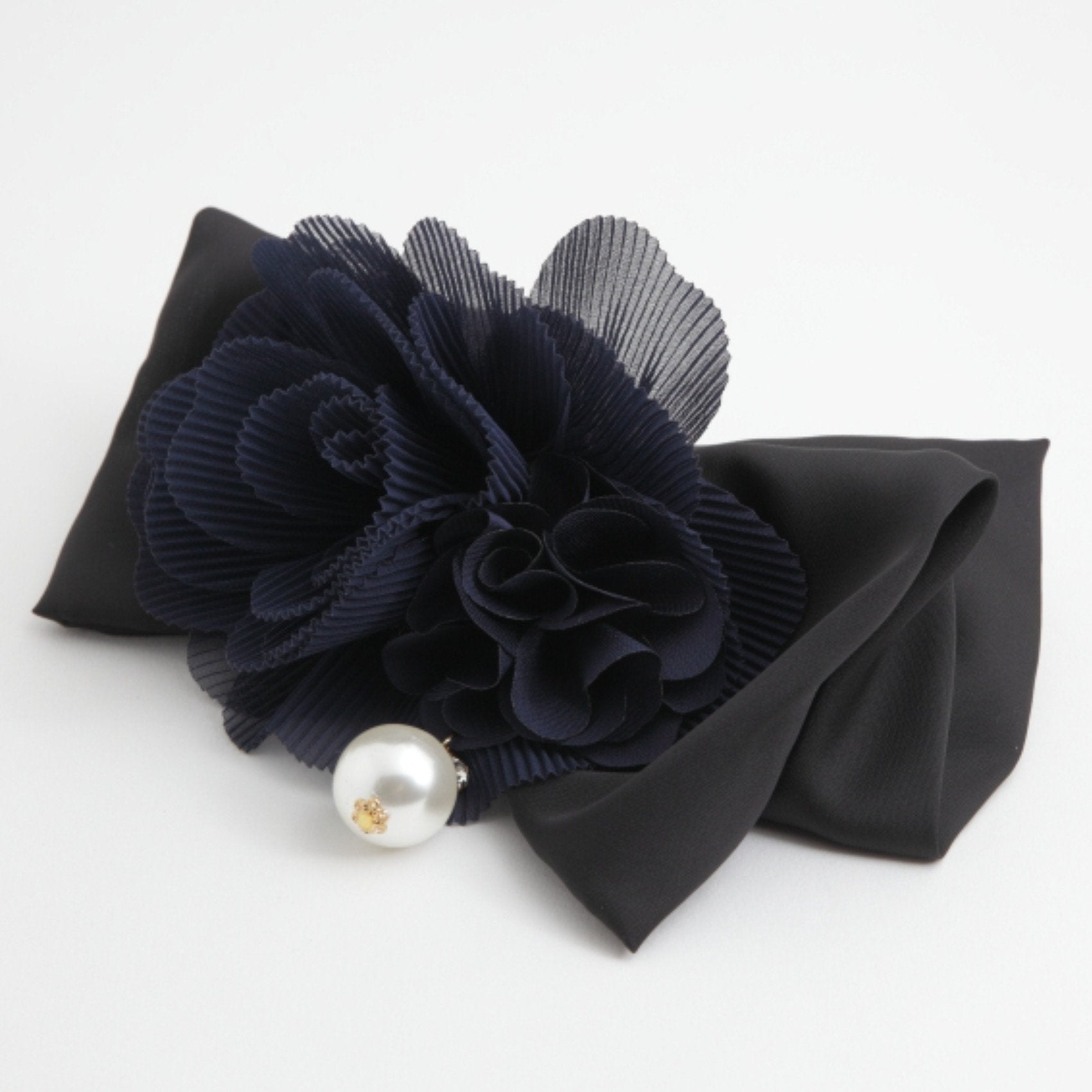 veryshine.com claw/banana/barrette navy Handmade Chiffon Pleated Flower Black Bow French Hair Barrettes