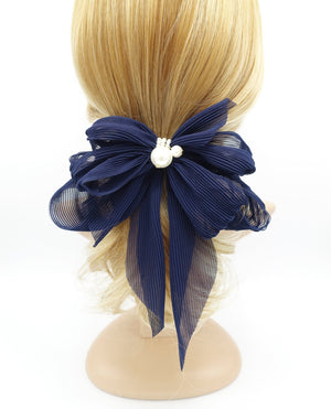 veryshine.com claw/banana/barrette Navy pleated chiffon hair bow pearl embellished long tail french barrette women hair accessory