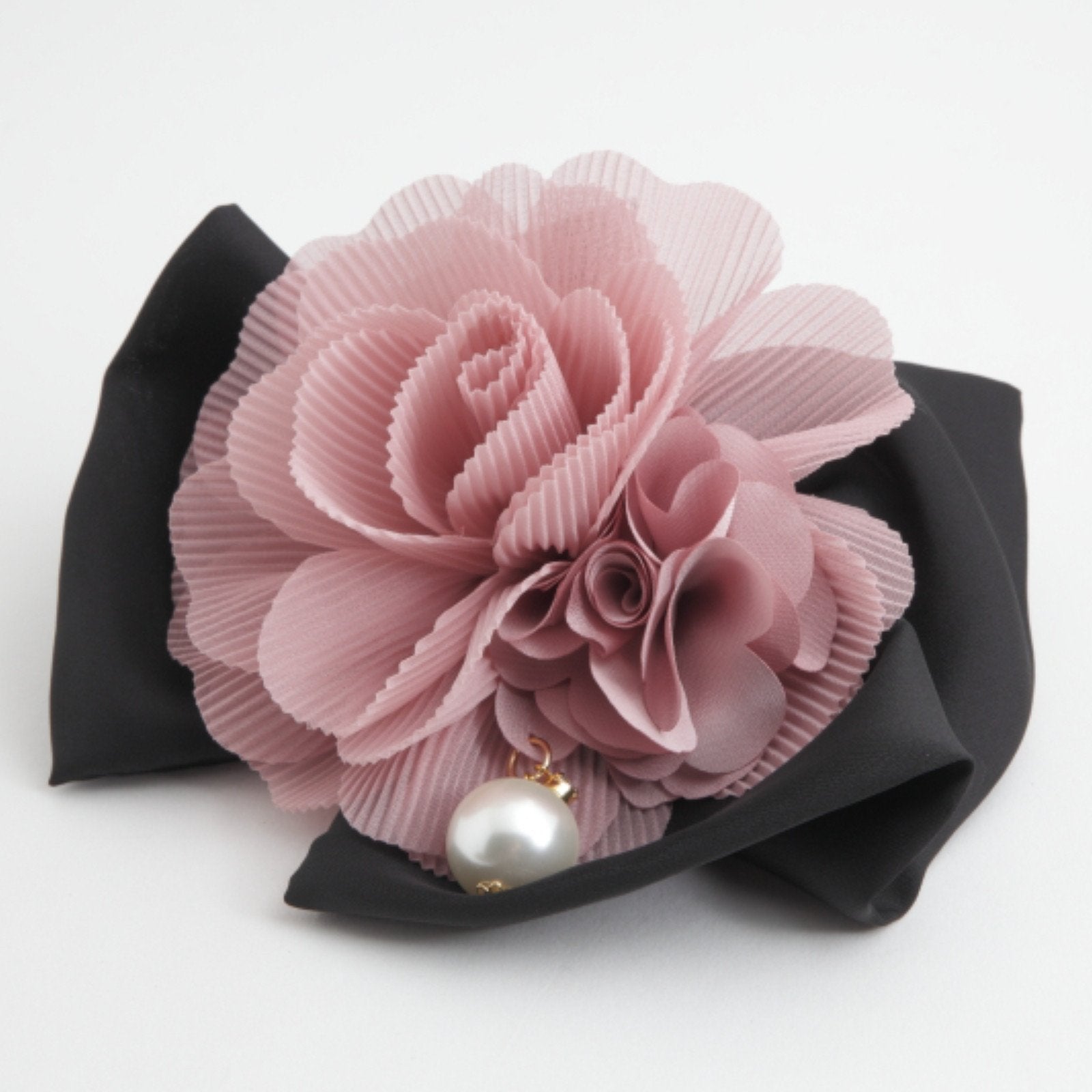 veryshine.com claw/banana/barrette pink Handmade Chiffon Pleated Flower Black Bow French Hair Barrettes