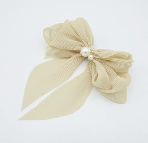 veryshine.com claw/banana/barrette pleated chiffon hair bow pearl embellished long tail french barrette women hair accessory
