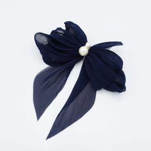 veryshine.com claw/banana/barrette pleated chiffon hair bow pearl embellished long tail french barrette women hair accessory