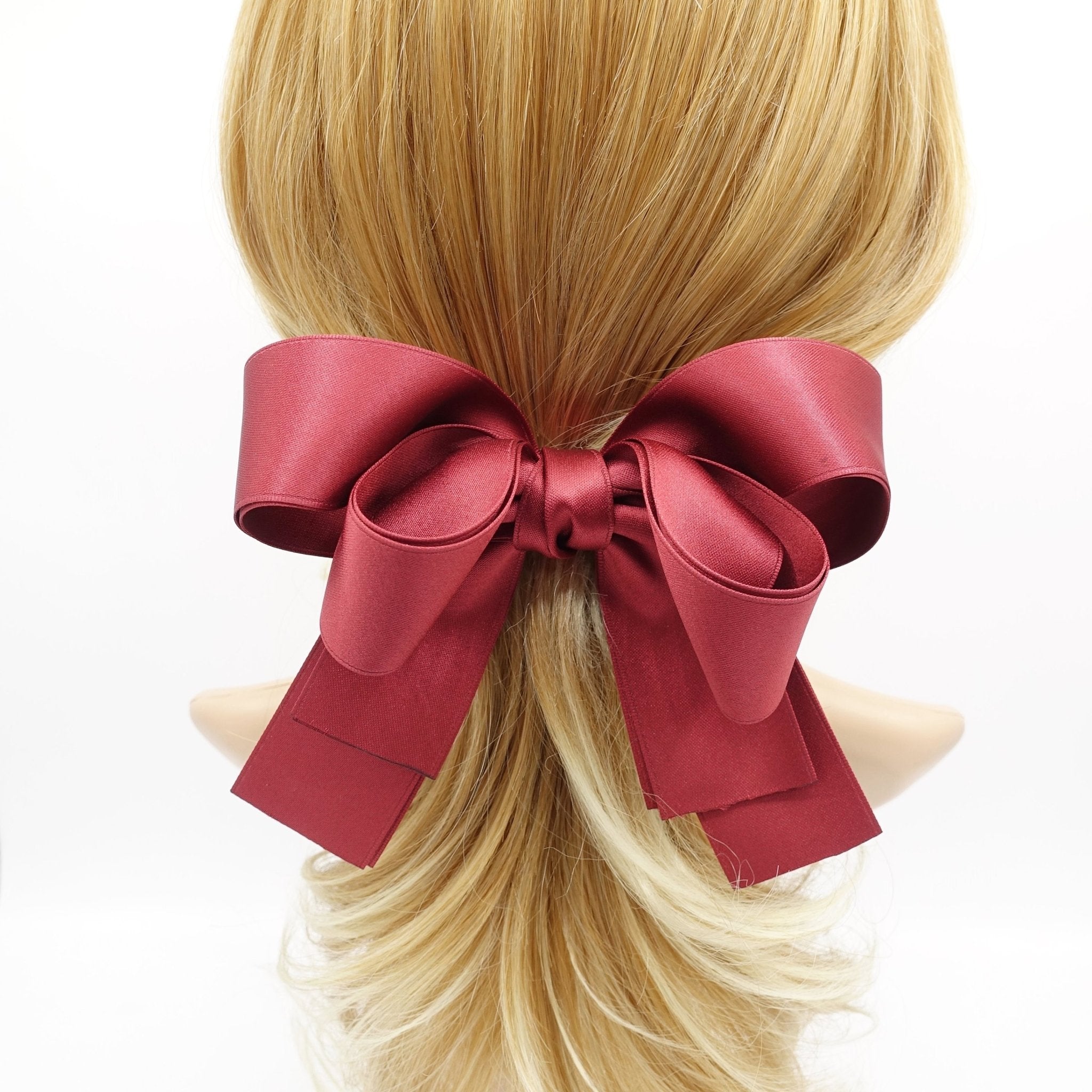 veryshine.com claw/banana/barrette Red wine double layered satin hair bow basic style hair accessory for women