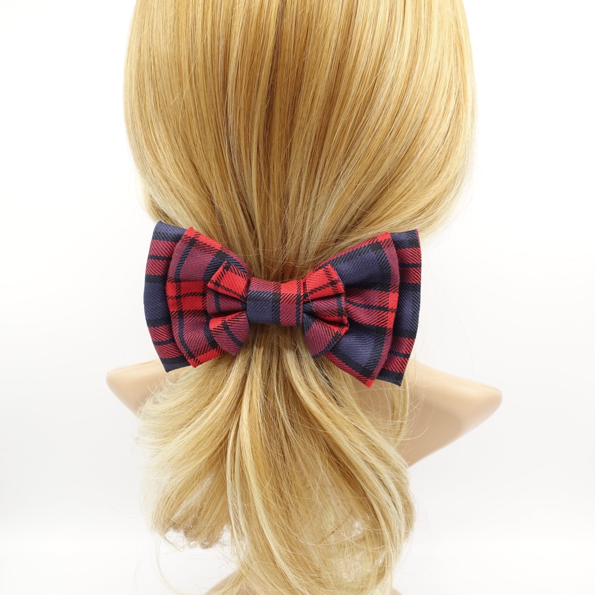 veryshine.com claw/banana/barrette Red wine plaid check hair bow multi layered style bow french hair barrette