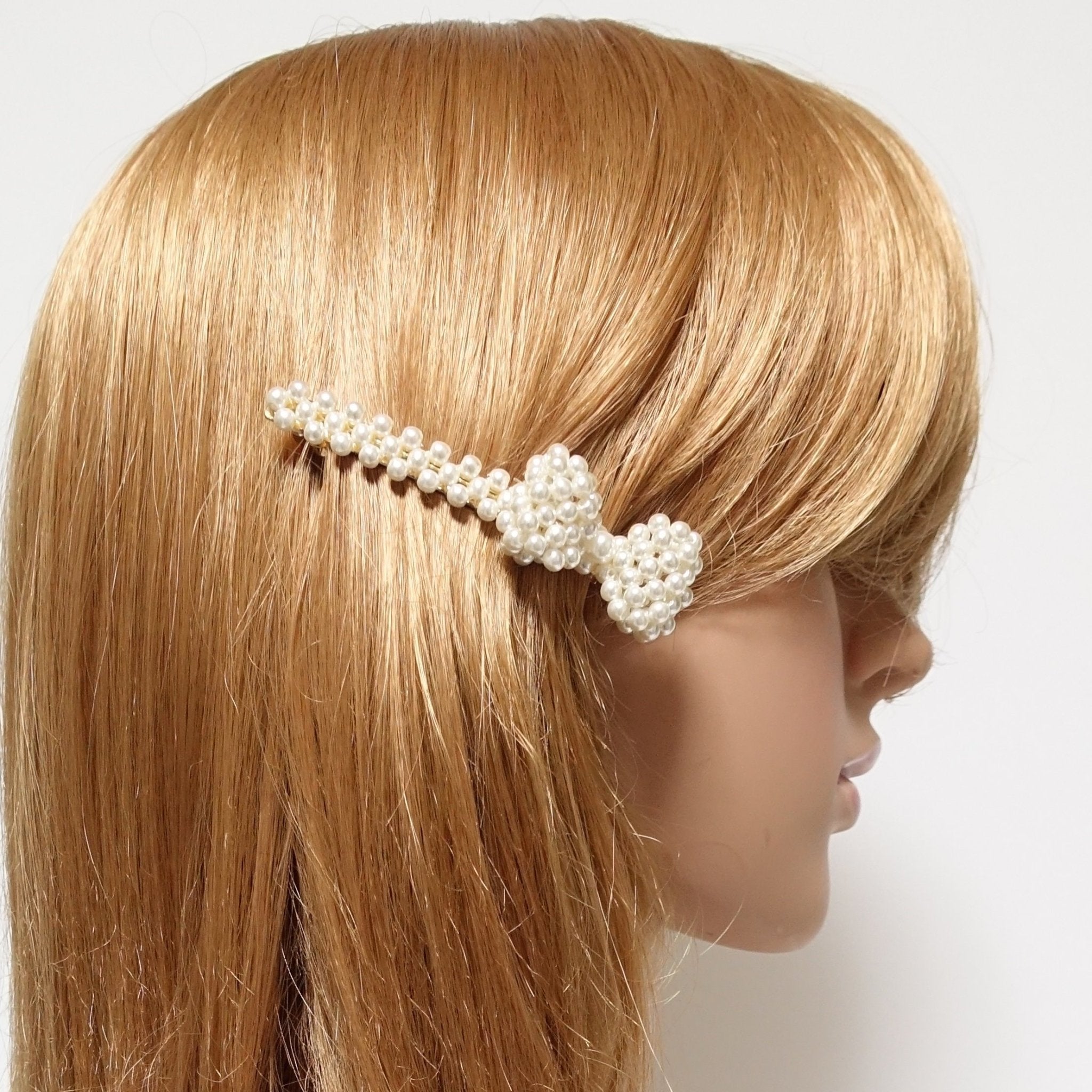 veryshine.com claw/banana/barrette Small bow pearl decorated hair bow tiny pearl ball beaded bow french hair barrette