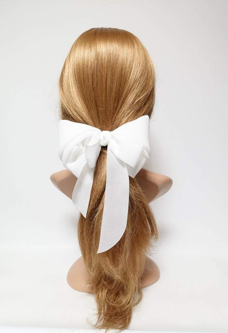 veryshine.com claw/banana/barrette White chiffon solid color hair bow long tail woman french hair barrette