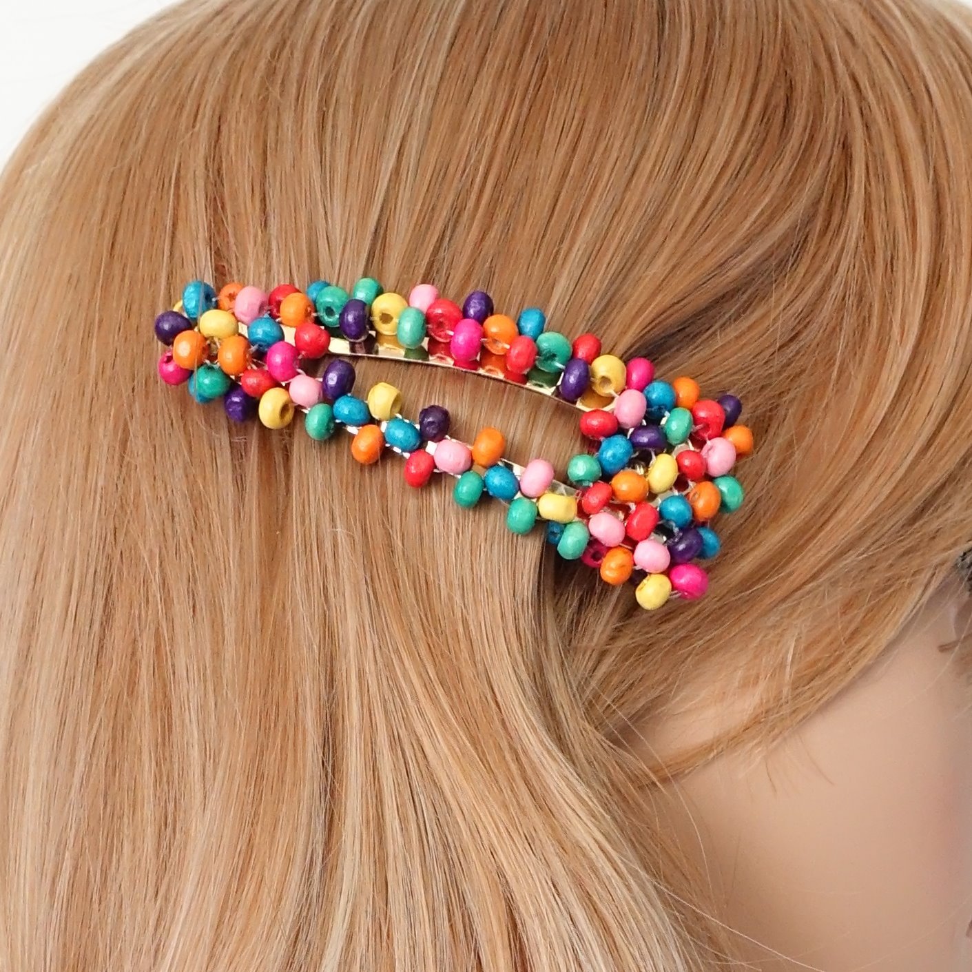 veryshine.com claw/banana/barrette Wood beaded snap clip rainbow crystal wood embellished hair clip woman hair accessory