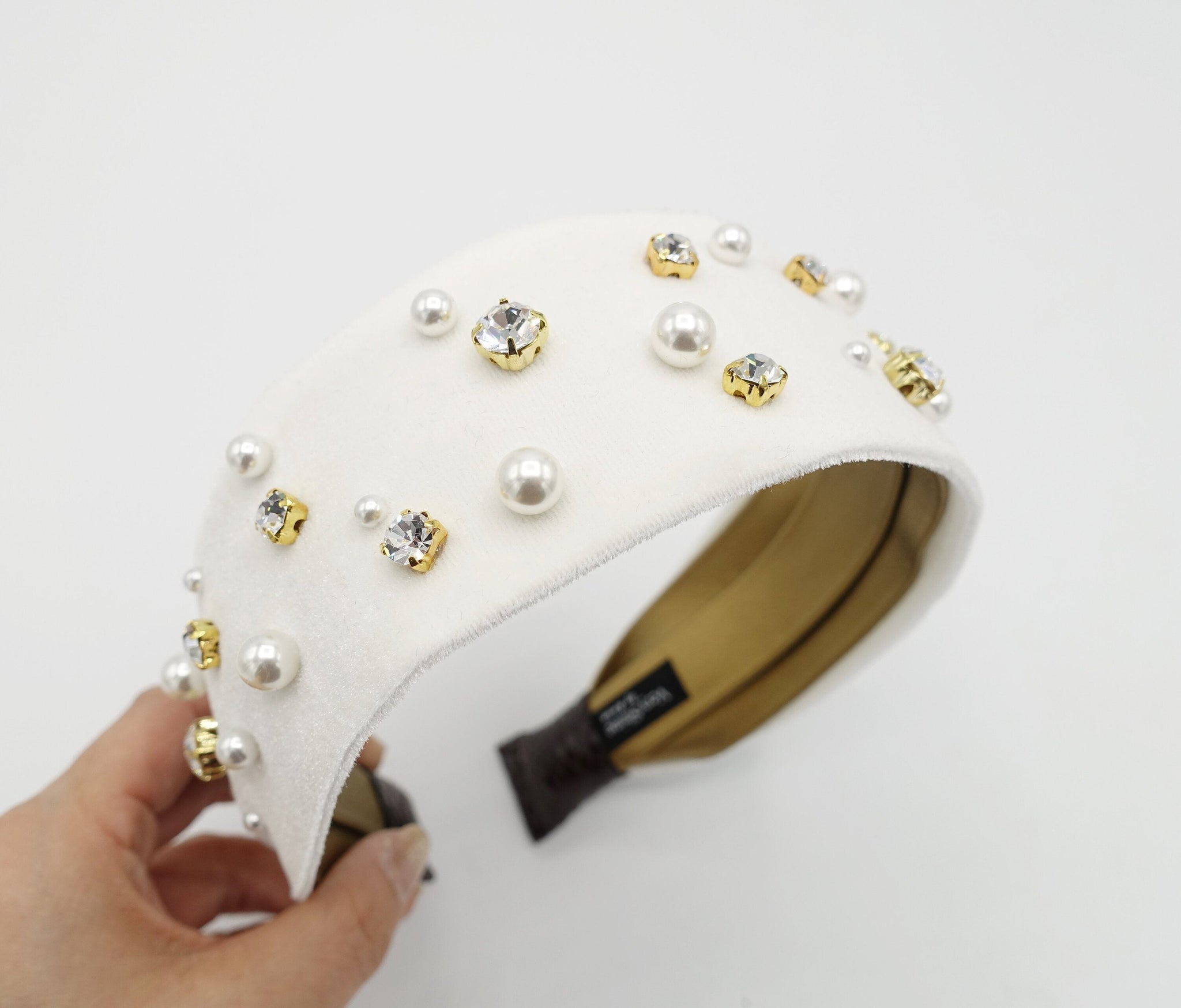 veryshine.com Cream white pearl rhinestone flat velvet headband embellished hairband for women
