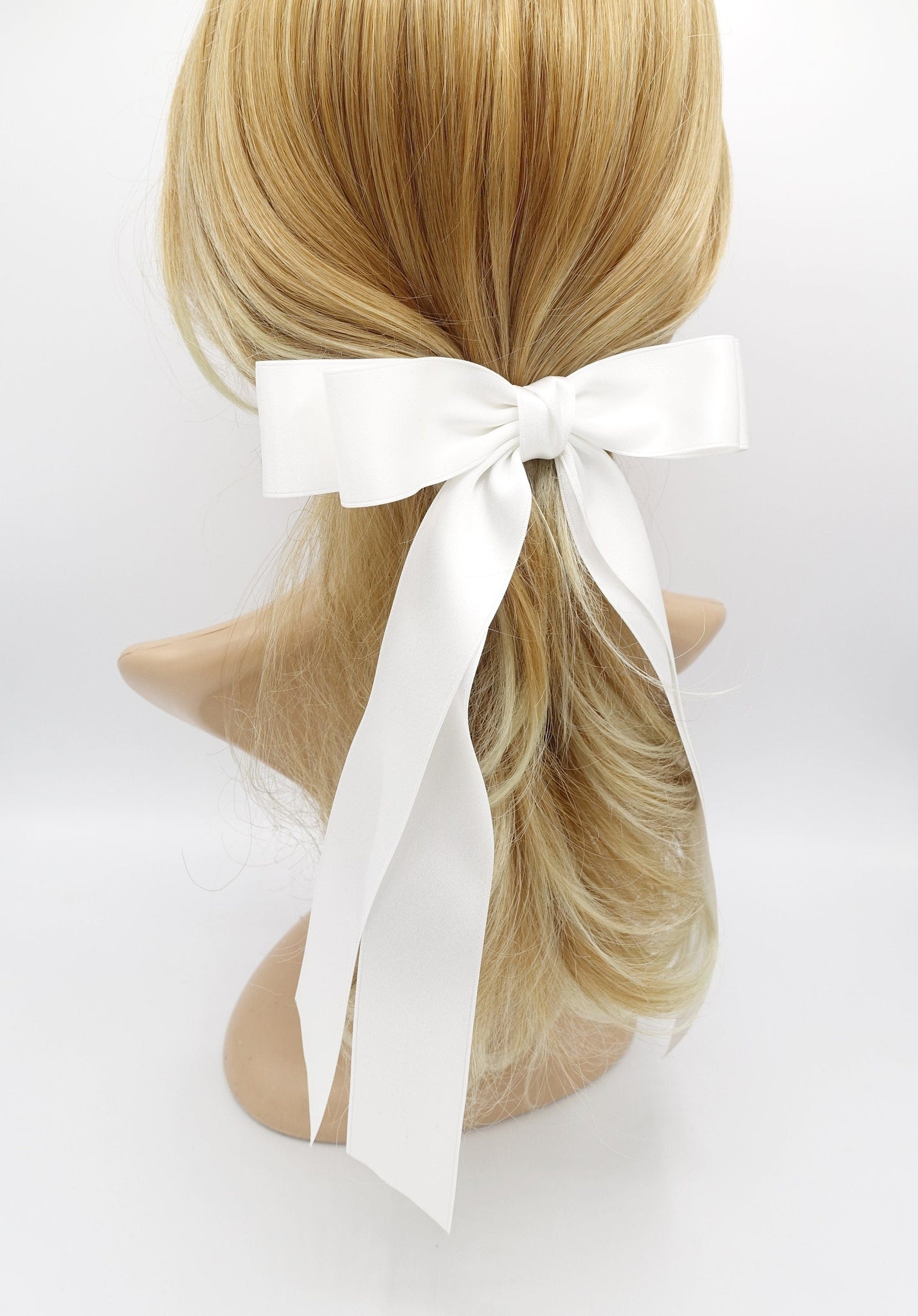 veryshine.com Cream white satin long tail hair bow for women