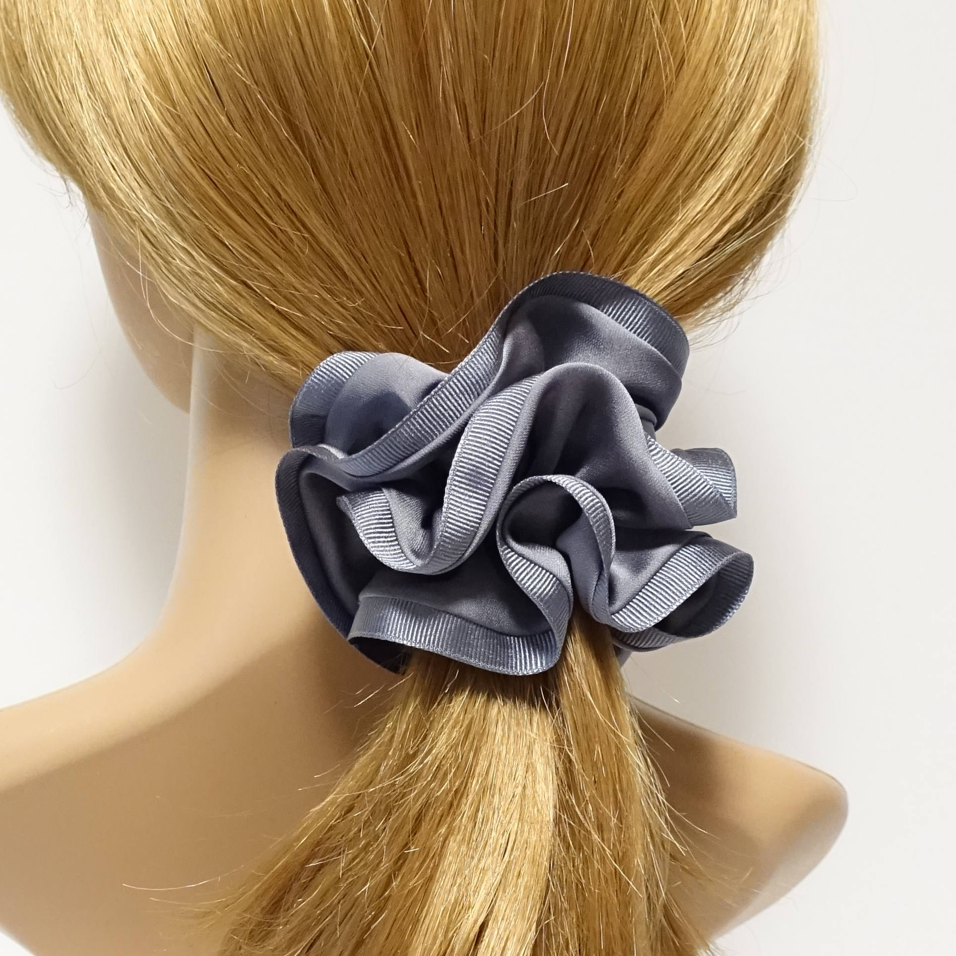 veryshine.com Gray Grosgrain Trim Satin Hair Scrunchies Hair Elastics for Woman