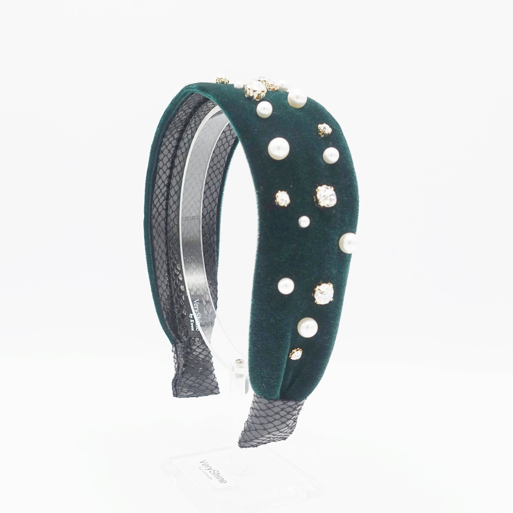 veryshine.com Green pearl rhinestone flat velvet headband embellished hairband for women