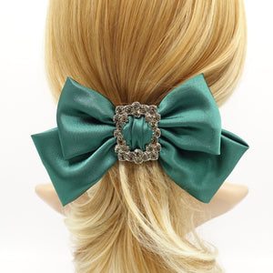 veryshine.com Green rhinestone buckle embellished satin hair bow