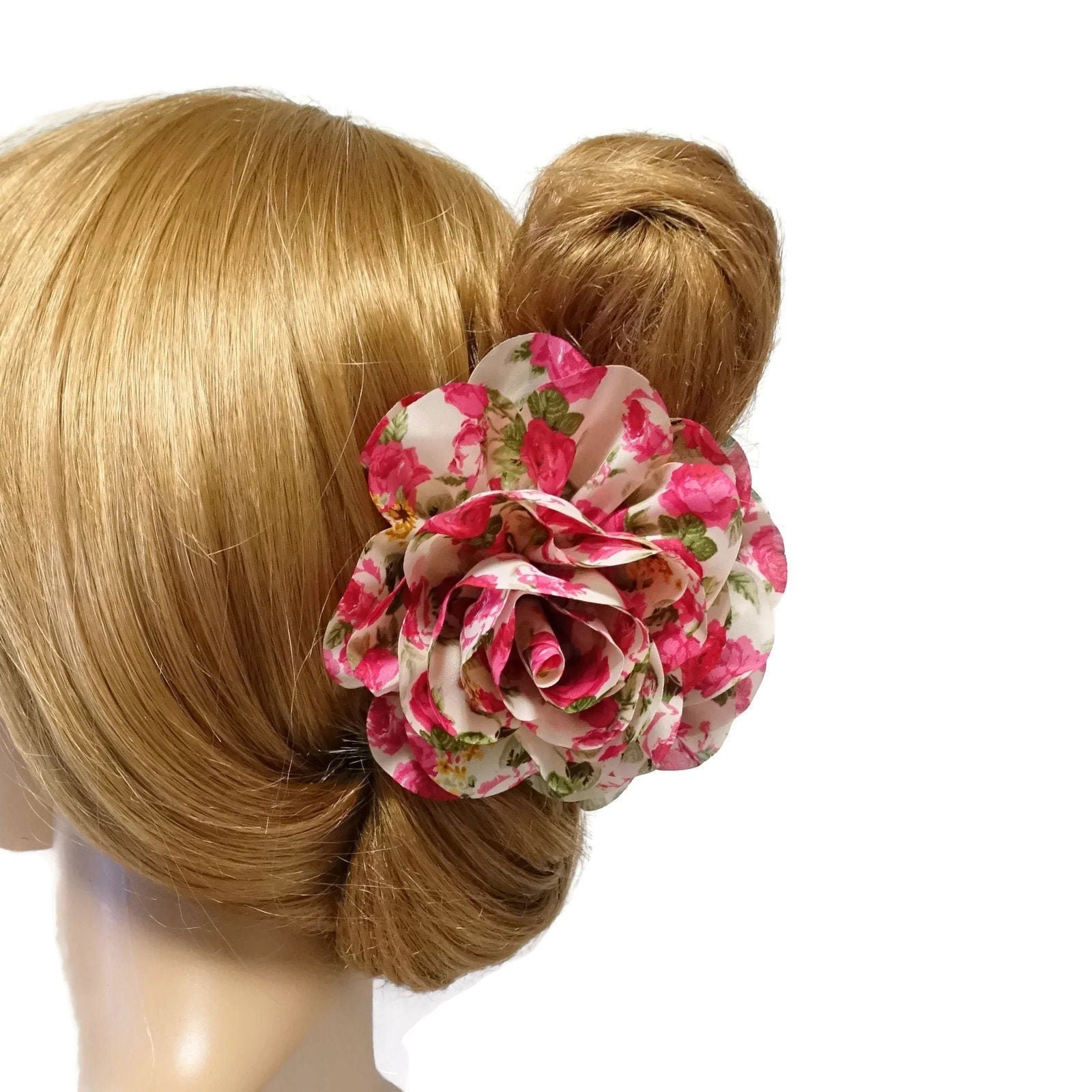 veryshine.com Hair Claw Pink Floral  Print Petal Flower Decorated Hair Claw Clip Women Hair Accessory