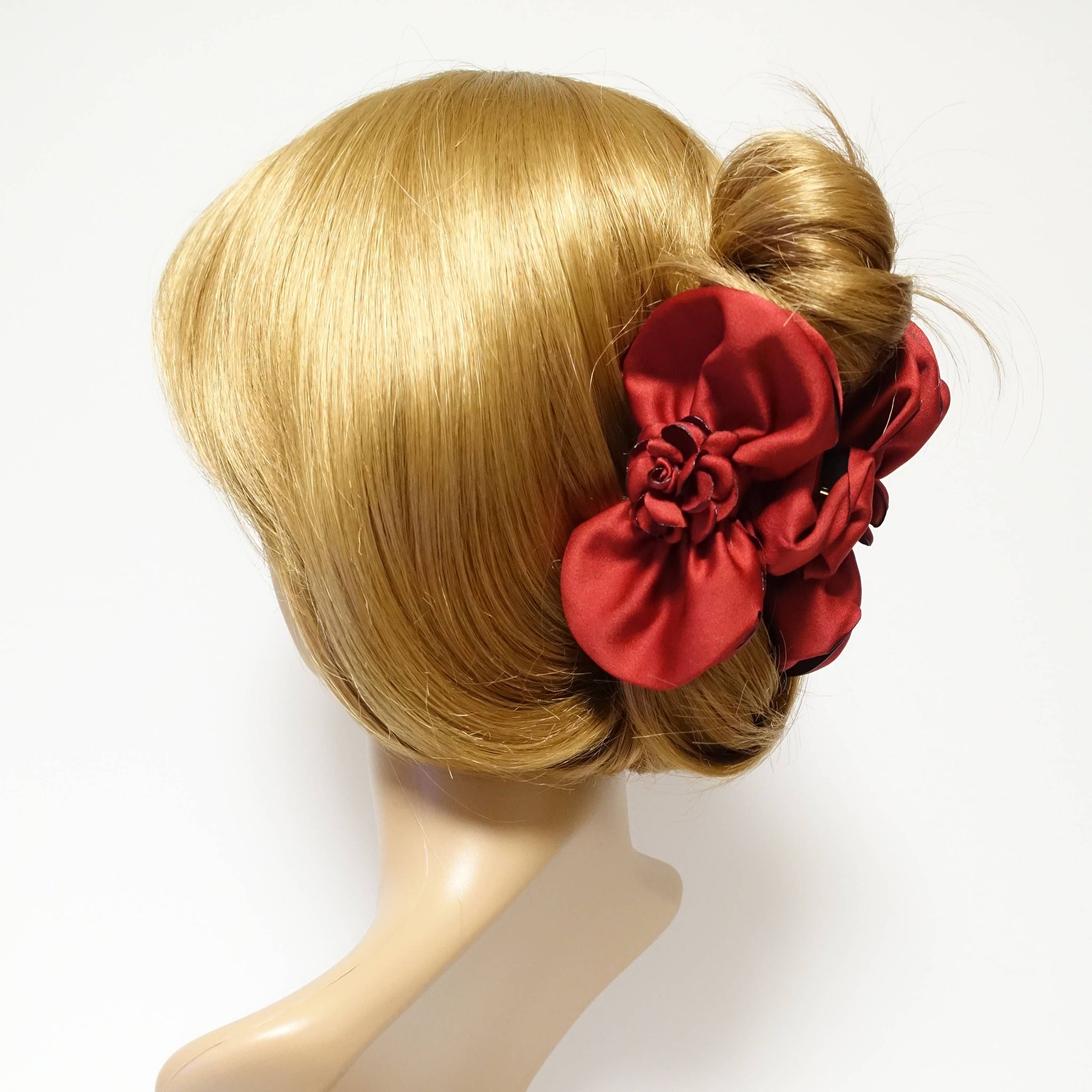 veryshine.com Hair Claw Red Satin Flower Decorated Multi Layer Bow Hair Claw Clip Women Hair Clamp