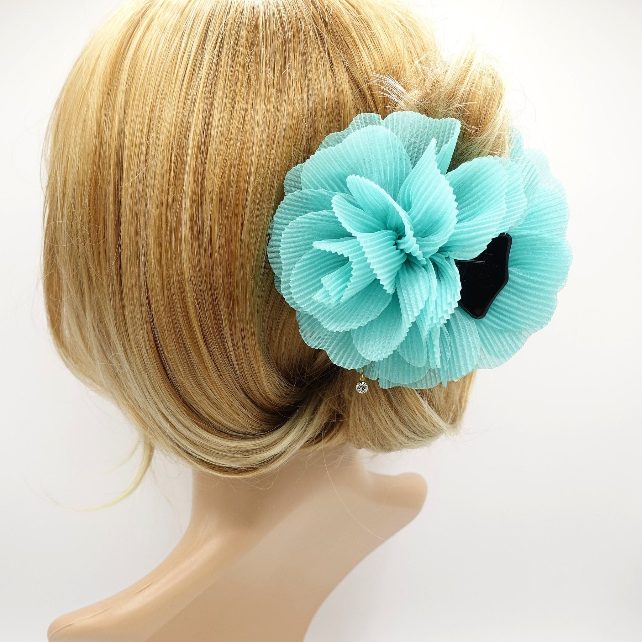 veryshine.com Hair Claw Turquoise blue Pleat Petal Dahlia Flower Hair Jaw Claw Gift Women Hair Accessories