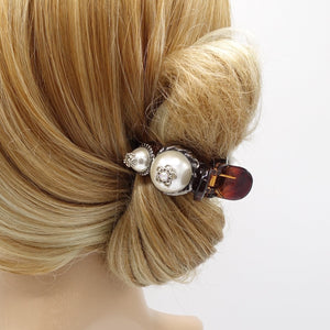 veryshine.com Hair Clip Silver petal pearl antique button hair claw, 3 prong hair claw, pearl button hair claw clip for women