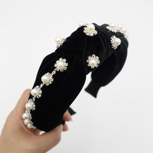 veryshine.com hairband/headband Black pearl rhinestone headband flower knotted velvet womens hairband accessory