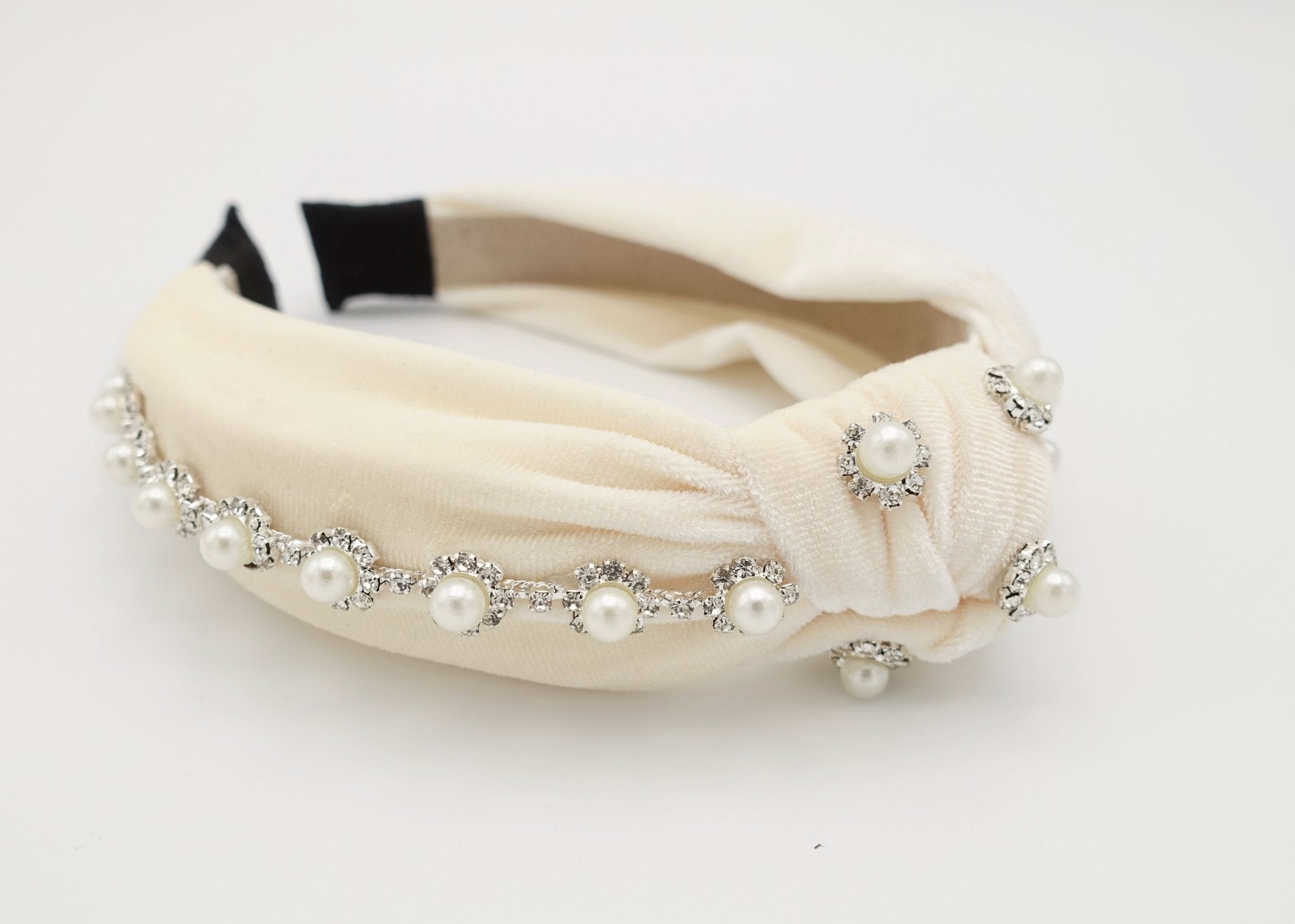 veryshine.com hairband/headband Cream white pearl rhinestone headband flower knotted velvet womens hairband accessory