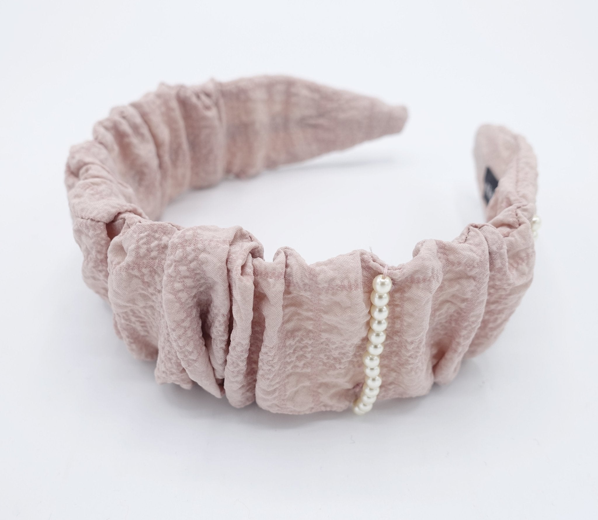 veryshine.com hairband/headband Pink beige pleated headband pearl beaded ornaments embellished hairband crinkled fabric hair accessory